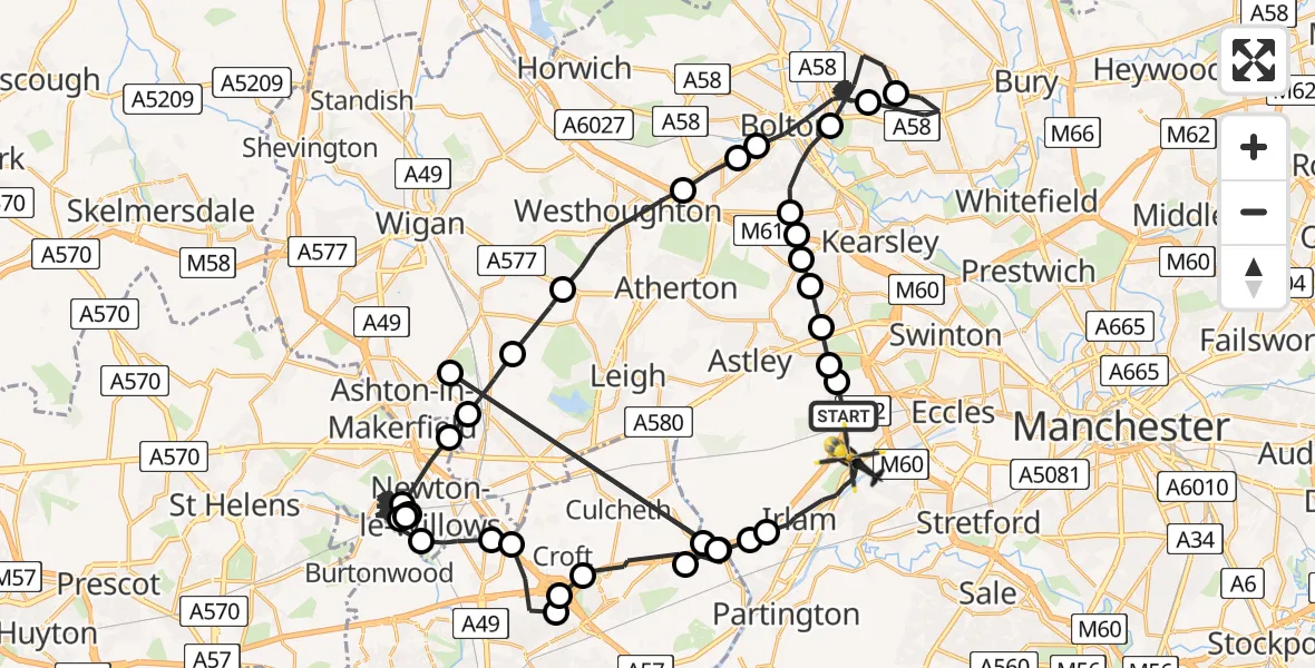 Flight route Police Helicopter Worsley - Manchester Barton Aerodrome, 18 July 2026, 15:33
