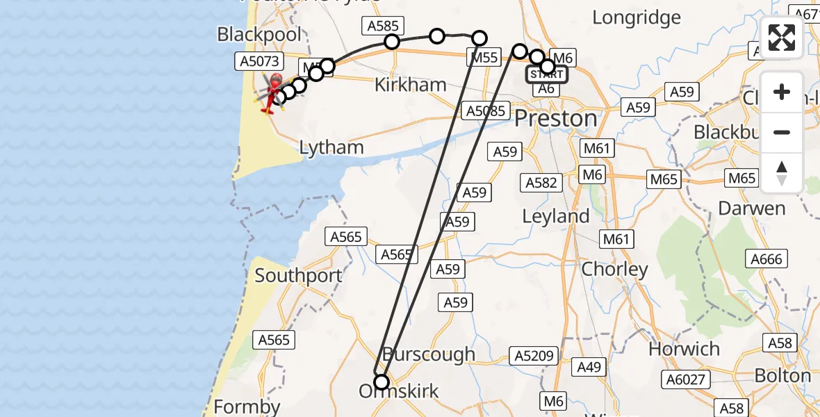 Flight route Air Ambulance Helicopter Royal Preston - Blackpool Airport, 18 July 2026, 15:36