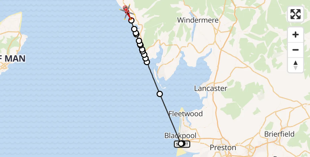 Flight route Air Ambulance Helicopter Blackpool Airport - Seascale, 18 July 2026, 15:45