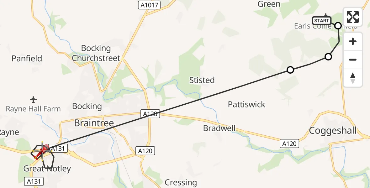 Flight route Air Ambulance Helicopter Earls Colne Airfield - Braintree, 18 July 2026, 15:47