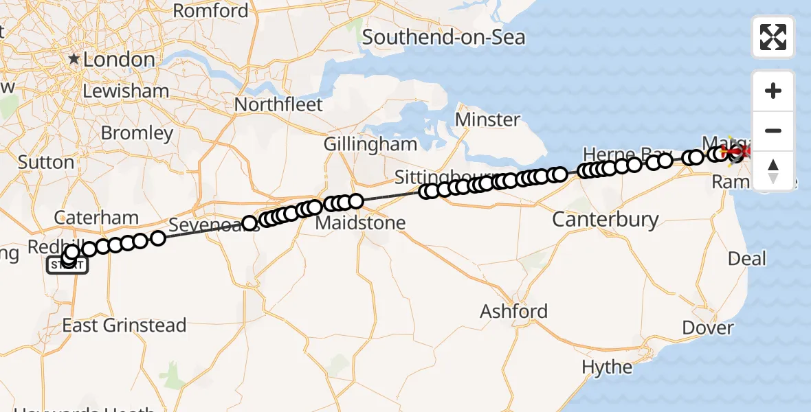 Flight route Air Ambulance Helicopter Redhill Aerodrome - Margate, 18 July 2026, 16:11