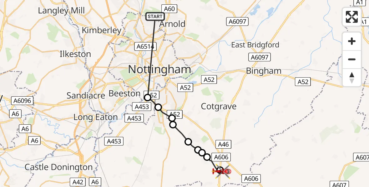 Flight route Air Ambulance Helicopter Arnold - Nottingham Heliport, 18 July 2026, 16:20