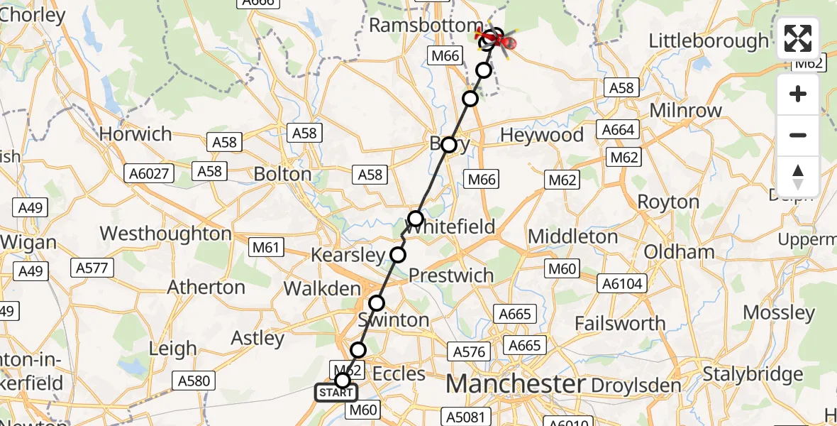 Flight route Air Ambulance Helicopter Manchester Barton Aerodrome - Rochdale, 18 July 2026, 16:21