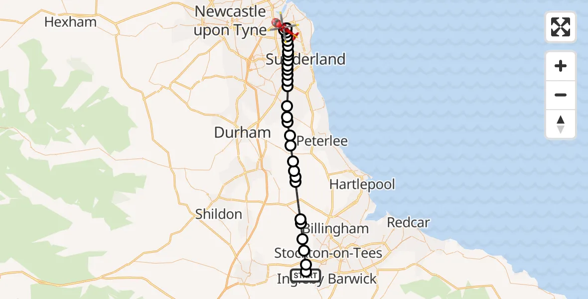 Flight route Air Ambulance Helicopter Egglescliffe - West Boldon, 18 July 2026, 16:22