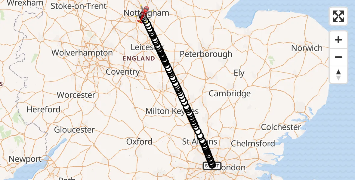 Flight route Air Ambulance Helicopter Chalk Farm - City of Nottingham, 18 July 2026, 16:27