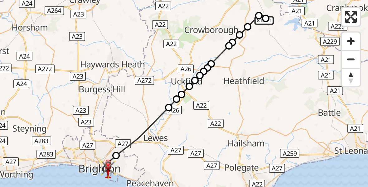 Flight route Air Ambulance Helicopter Durgates - Brighton, 18 July 2026, 16:29