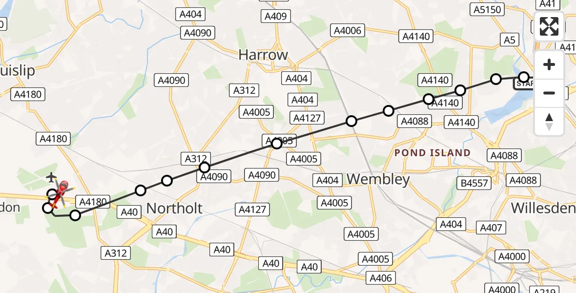Flight route Air Ambulance Helicopter West Hendon - RAF Northolt, 18 July 2026, 16:30