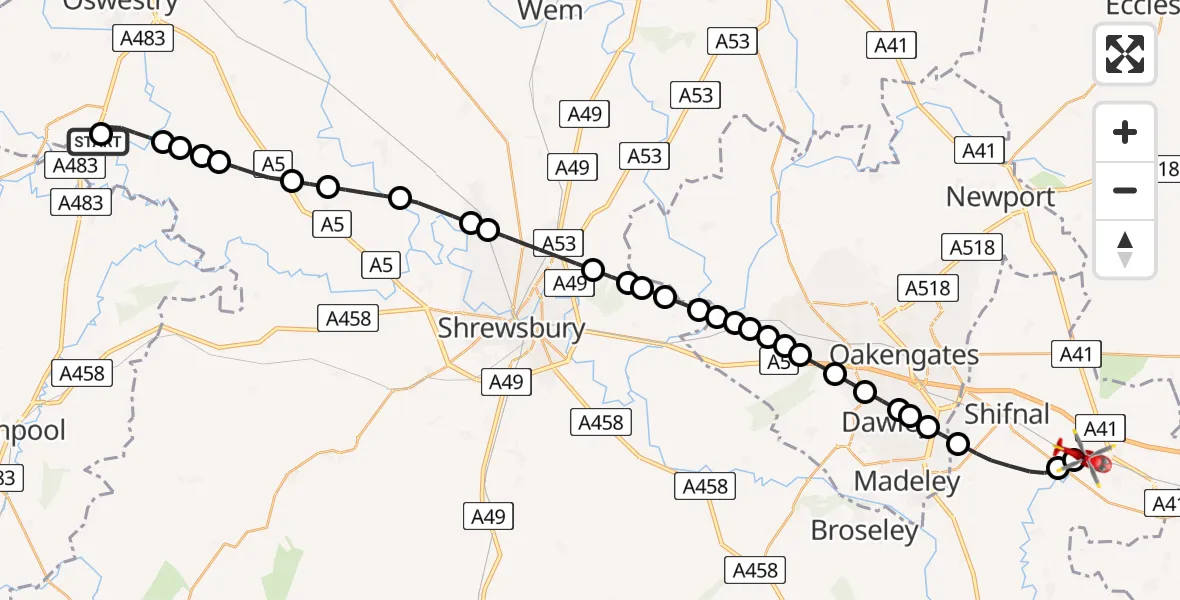 Flight route Air Ambulance Helicopter Pant - Cosford, 18 July 2026, 16:44