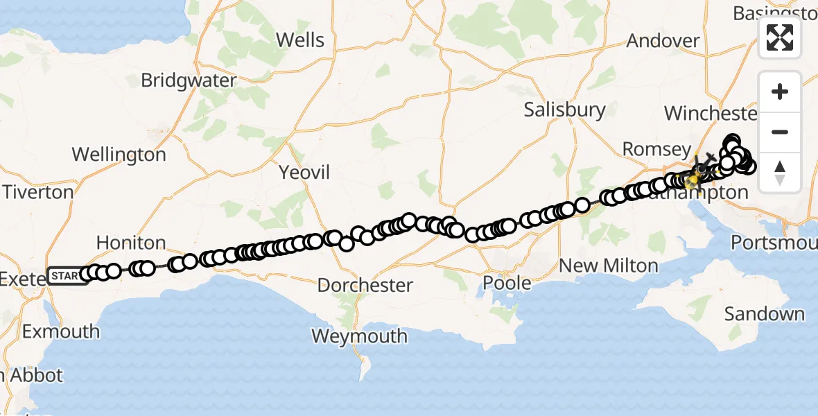 Flight route Police Helicopter Rockbeare - Southampton Airport, 18 July 2026, 16:53