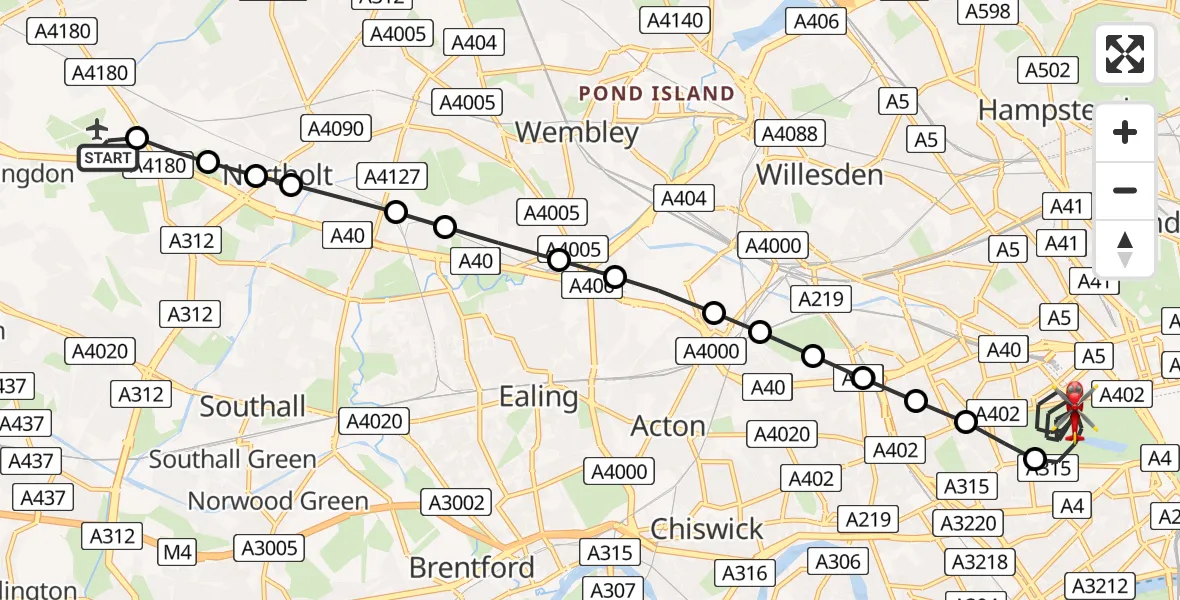 Flight route Air Ambulance Helicopter RAF Northolt - City of Westminster, 18 July 2026, 16:59