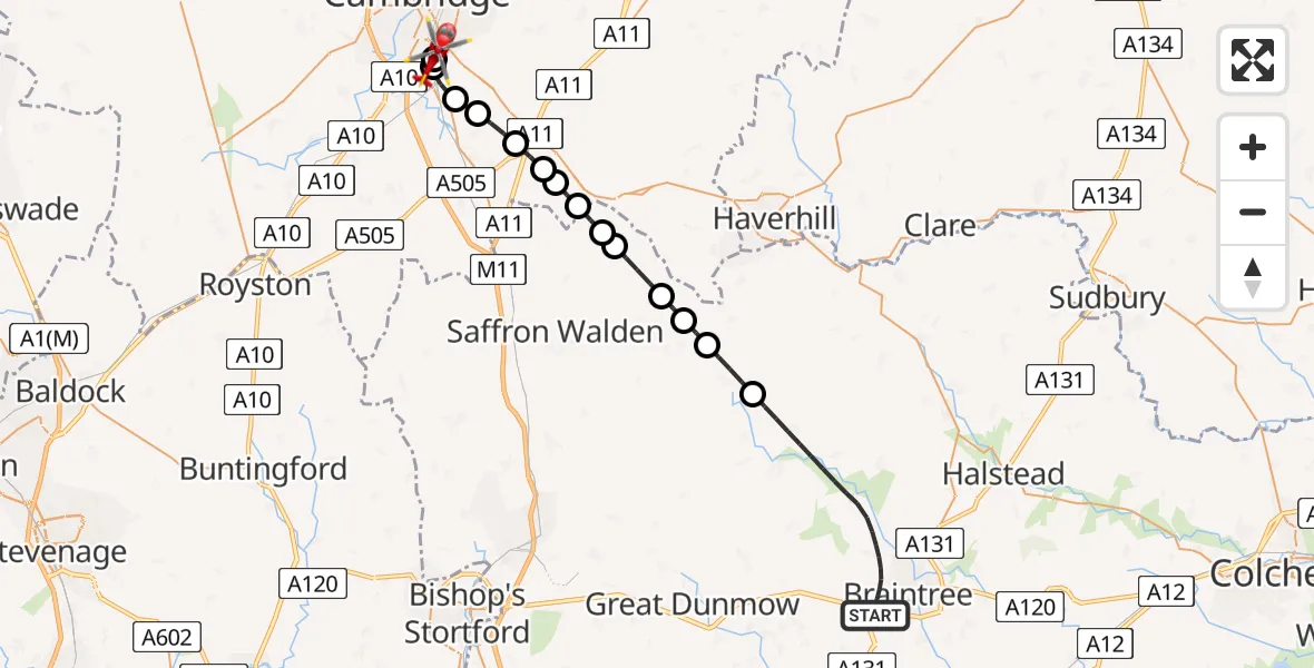 Flight route Air Ambulance Helicopter Braintree - Papworth Hospital, 18 July 2026, 17:05