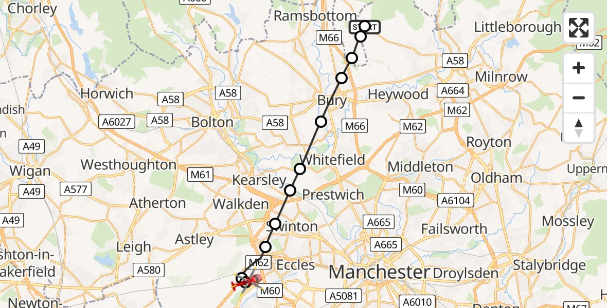 Flight route Air Ambulance Helicopter Rochdale - Manchester Barton Aerodrome, 18 July 2026, 17:17