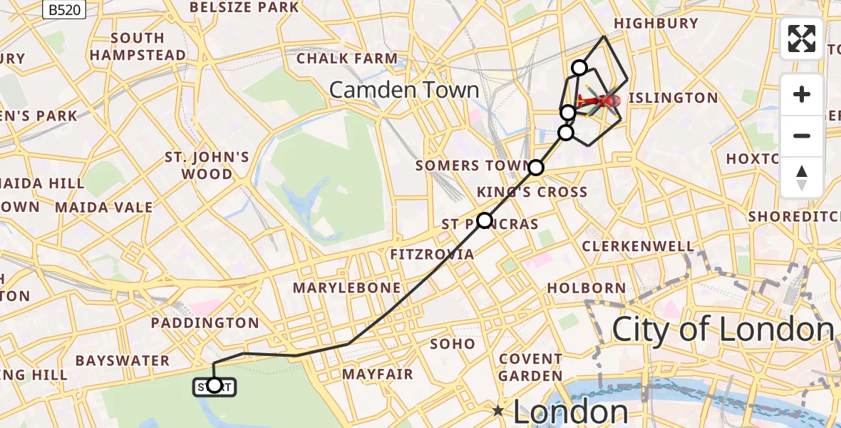Flight route Air Ambulance Helicopter City of Westminster - Barnsbury, 18 July 2026, 17:17