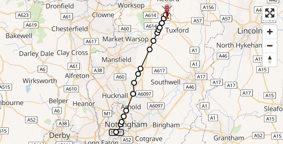 Flight route Air Ambulance Helicopter Beeston - Retford Gamston Airport, 18 July 2026, 17:31