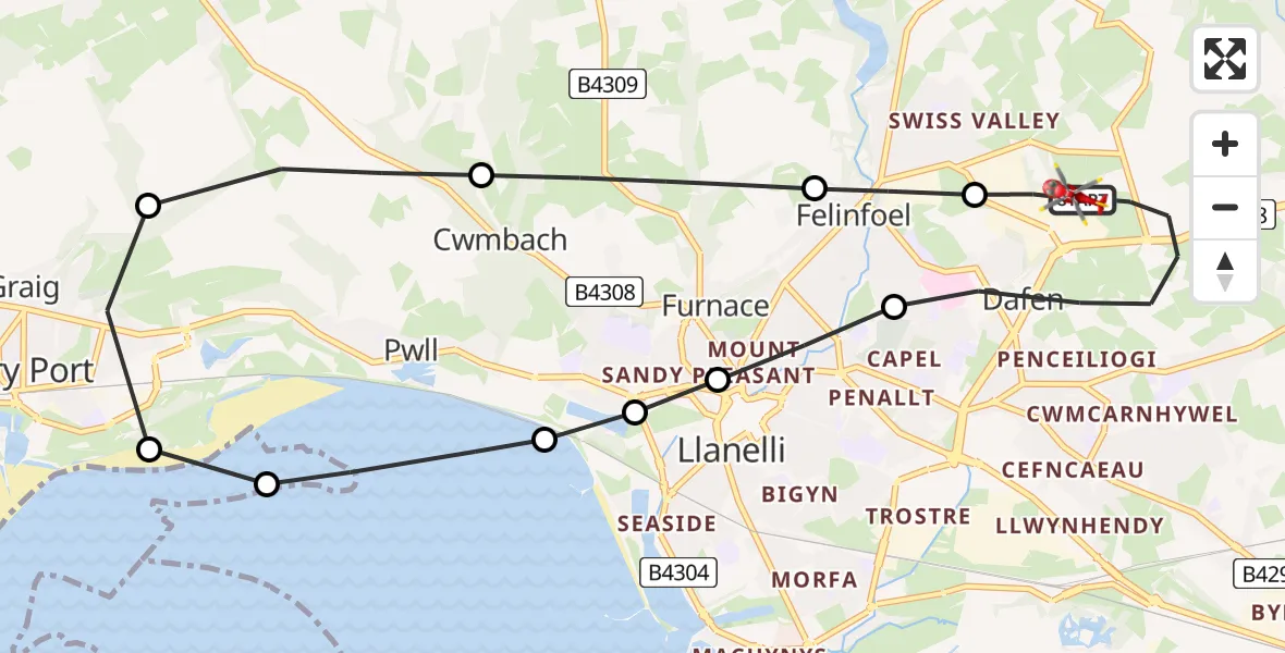 Flight route Air Ambulance Helicopter Dafen - Dafen, 18 July 2026, 17:34
