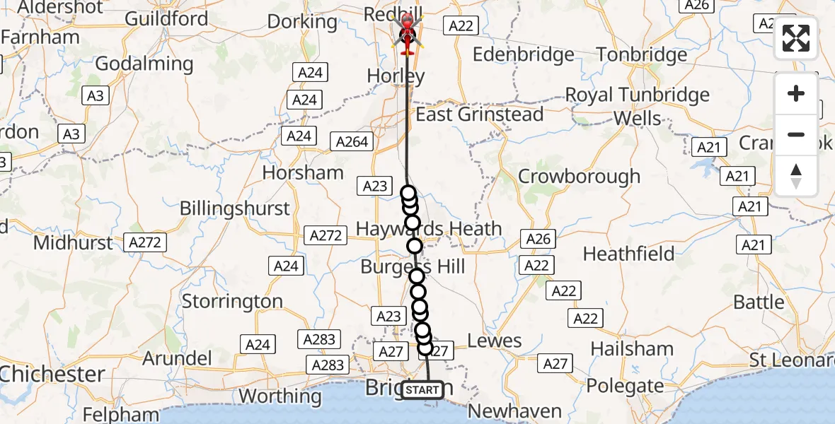Flight route Air Ambulance Helicopter Brighton - Redhill Aerodrome, 18 July 2026, 17:35