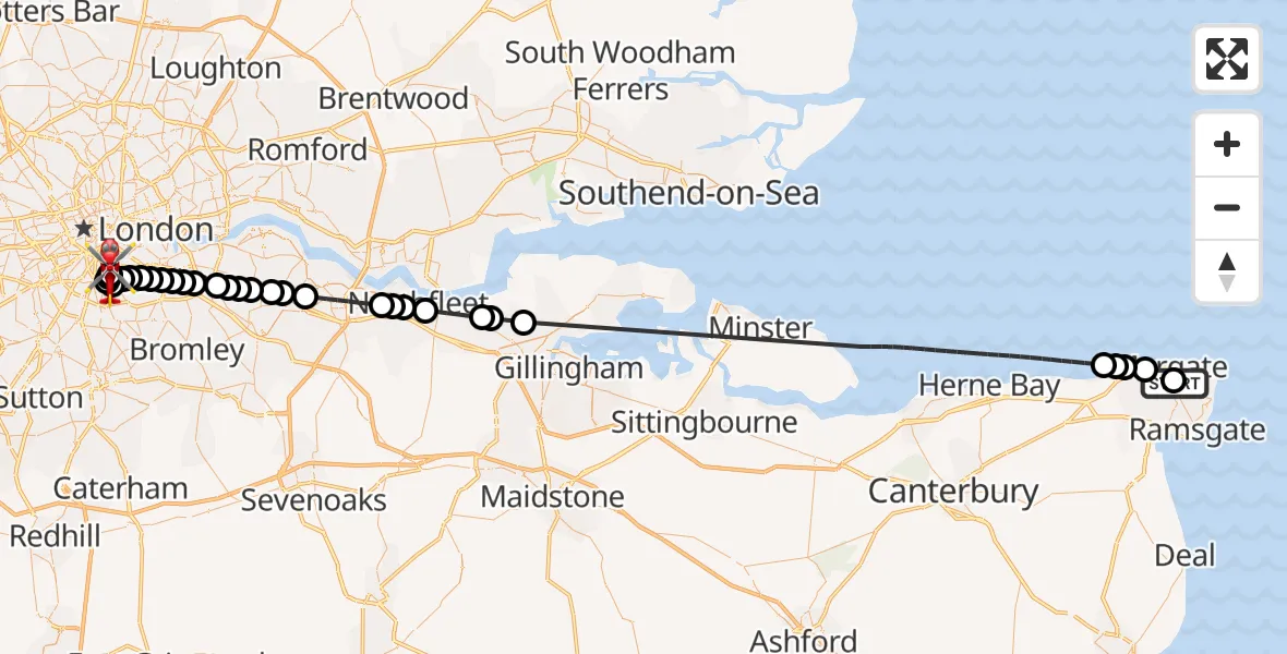 Flight route Air Ambulance Helicopter Queen Elizabeth The Queen Mother Hospital Heliport - Kings College London Hospital, 18 July 2026, 17:36