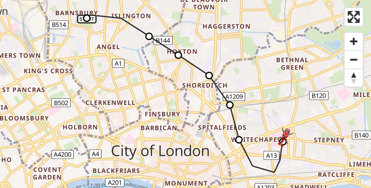 Flight route Air Ambulance Helicopter Barnsbury - Royal London Hospital, 18 July 2026, 17:55