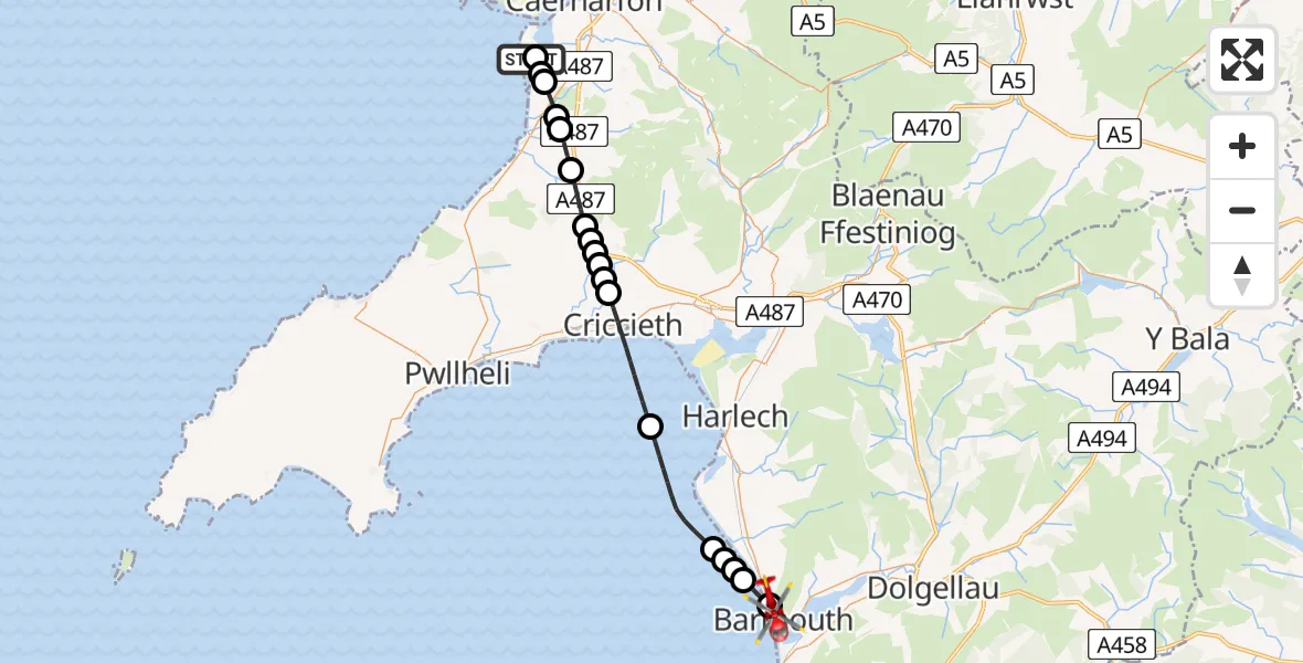 Flight route Air Ambulance Helicopter Caernarfon Airport - Barmouth, 18 July 2026, 17:59