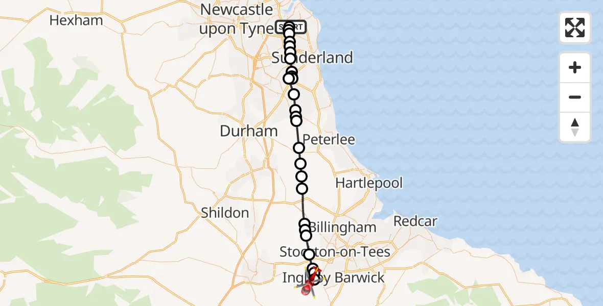 Flight route Air Ambulance Helicopter Jarrow - Longnewton, 18 July 2026, 18:12