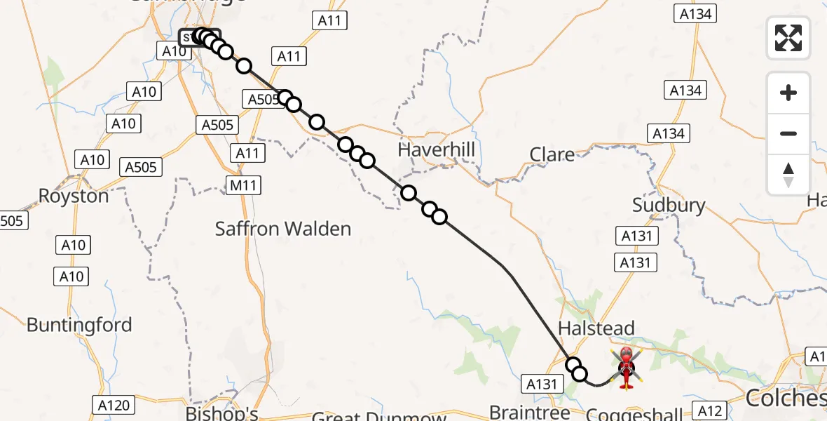 Flight route Air Ambulance Helicopter Papworth Hospital - Earls Colne Airfield, 18 July 2026, 18:19