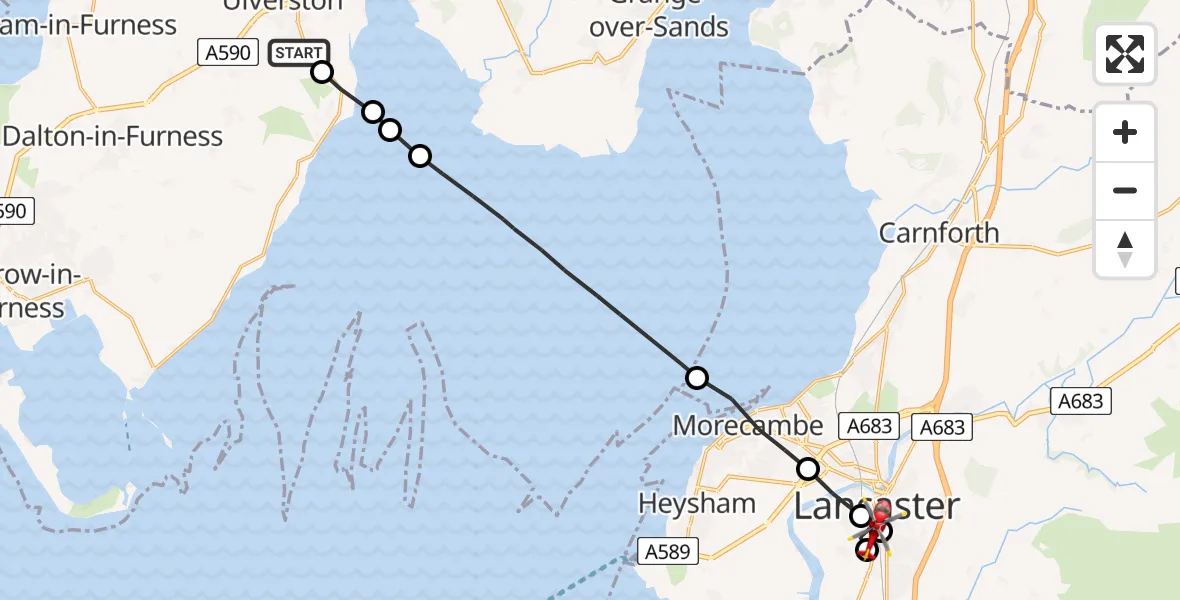 Flight route Air Ambulance Helicopter Ulverston - Lancaster General, 18 July 2026, 18:24