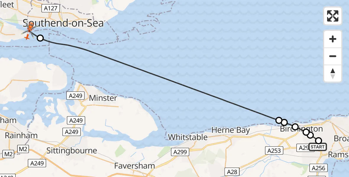 Flight route Coastguard Helicopter Manston Airport - Castle Point, 18 July 2026, 18:24