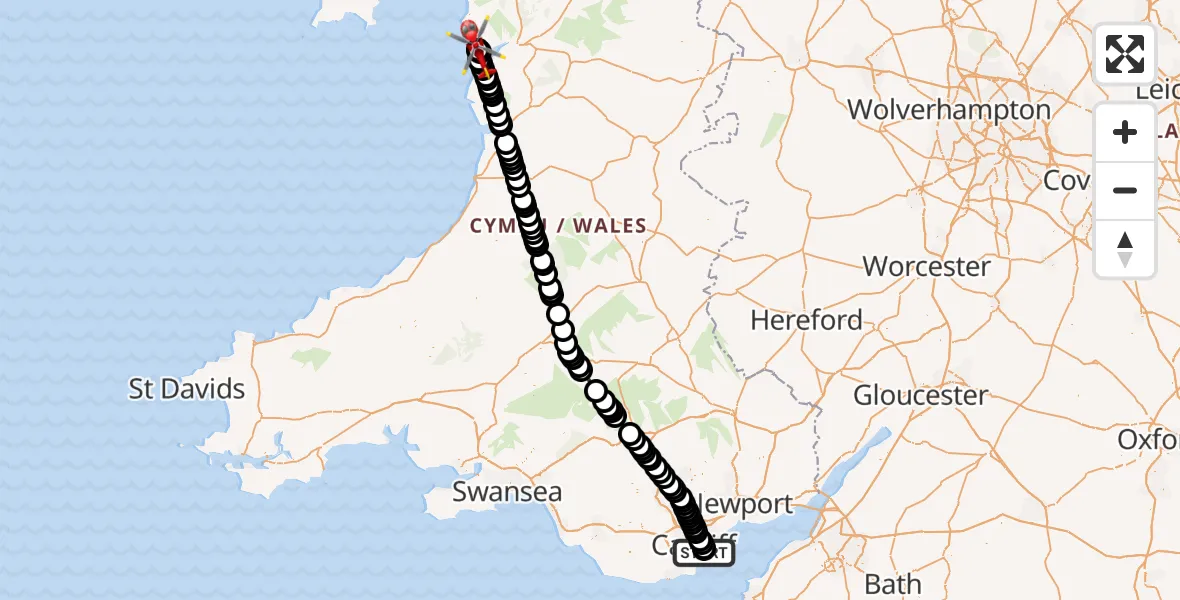 Flight route Air Ambulance Helicopter Cardiff Heliport - Llanaber, 18 July 2026, 18:25