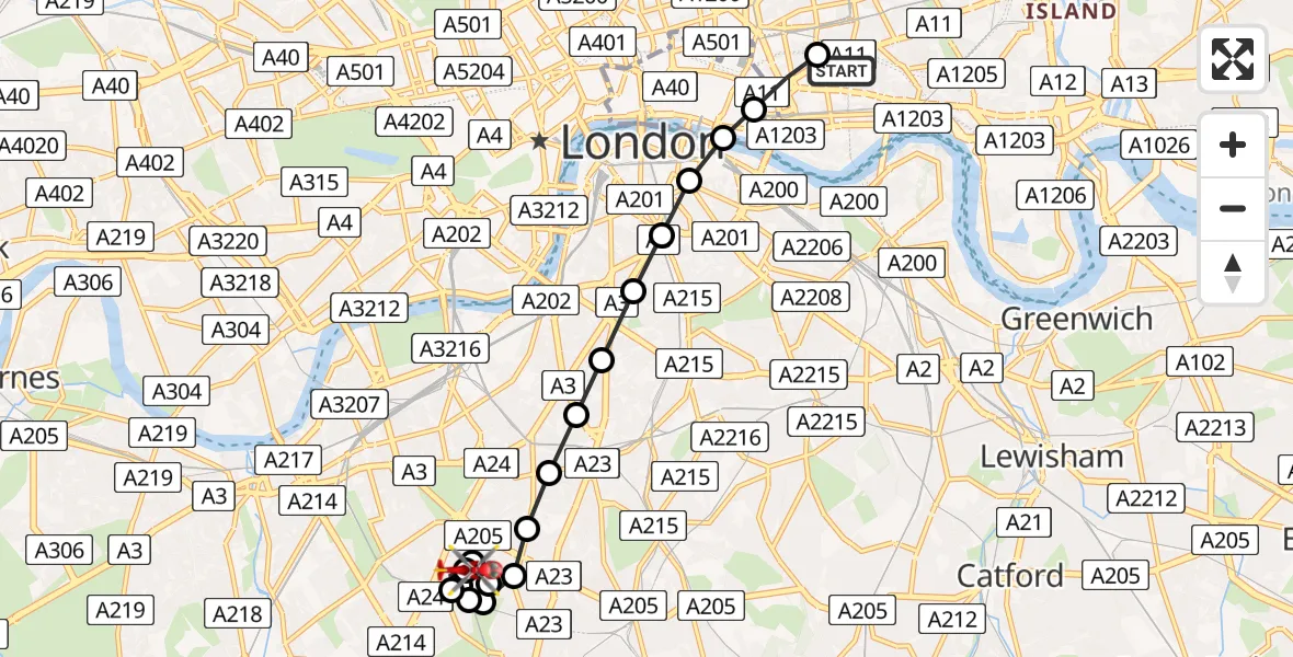 Flight route Air Ambulance Helicopter Royal London Hospital - Balham, 18 July 2026, 18:41