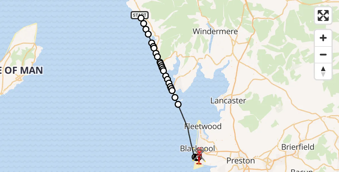 Flight route Air Ambulance Helicopter Thornhill - Blackpool Airport, 18 July 2026, 18:42