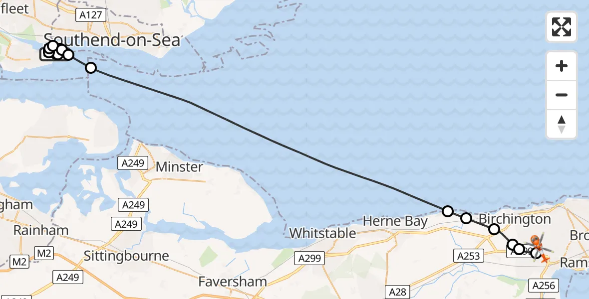 Flight route Coastguard Helicopter Castle Point - Manston Airport, 18 July 2026, 18:42