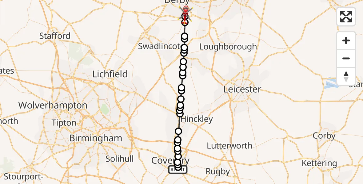Flight route Air Ambulance Helicopter Coventry Airport - Chellaston, 18 July 2026, 18:44