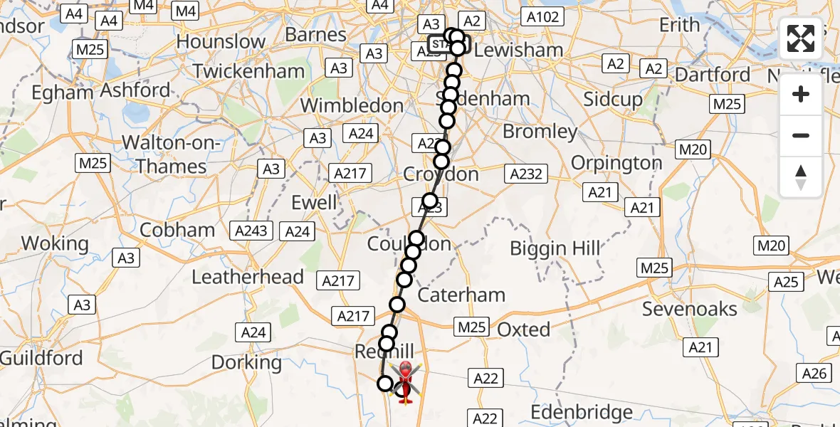 Flight route Air Ambulance Helicopter Kings College London Hospital - Redhill Aerodrome, 18 July 2026, 18:52