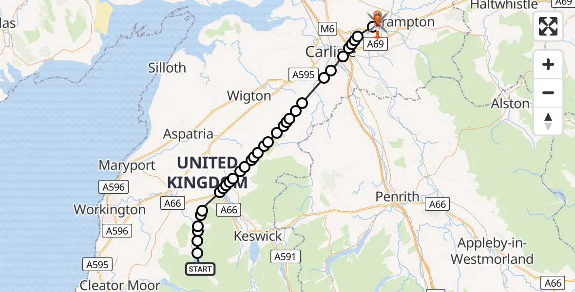 Flight route Coastguard Helicopter Crummock Water - Carlisle Lake District Airport, 18 July 2026, 19:04