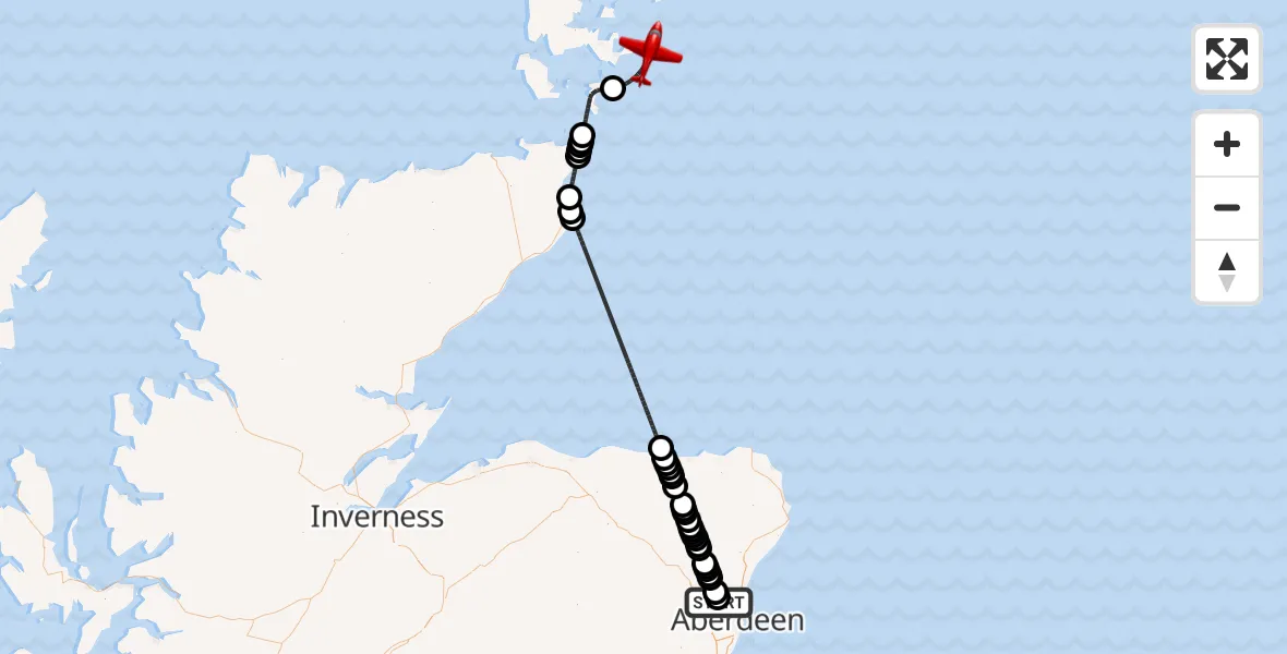 Flight route Air Ambulance Aircraft Aberdeen International Airport - North Sea, 18 July 2026, 19:08
