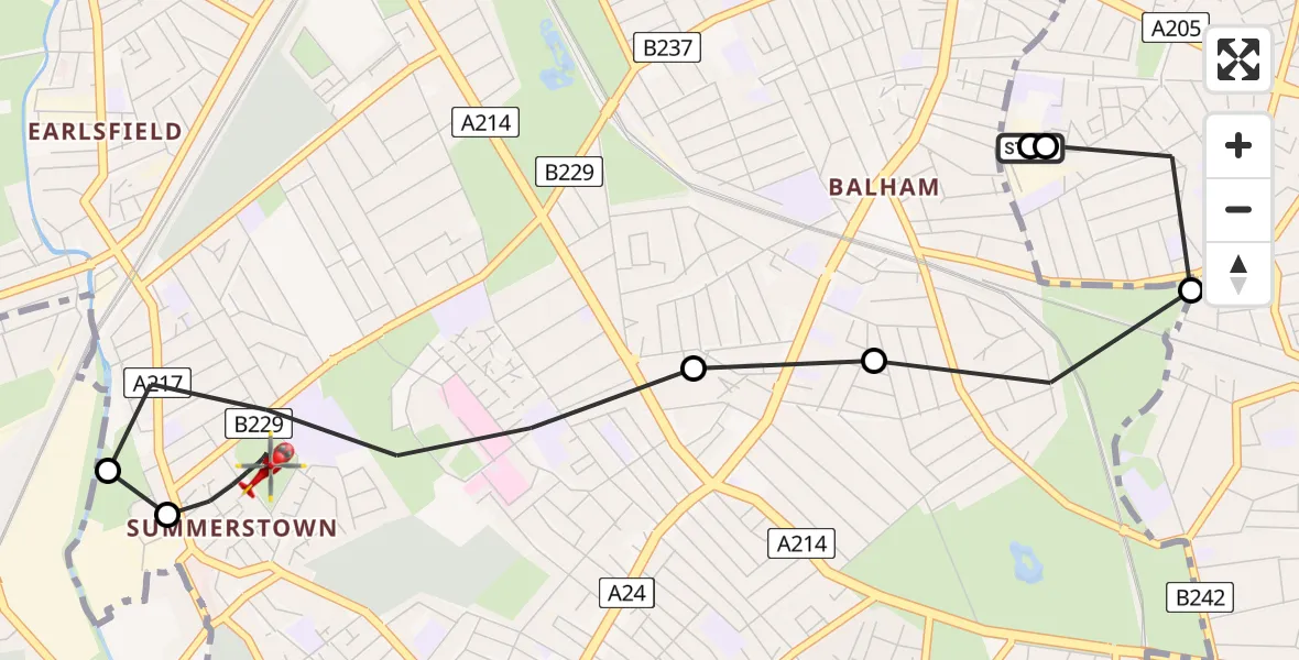Flight route Air Ambulance Helicopter Streatham Hill - Summerstown, 18 July 2026, 19:08