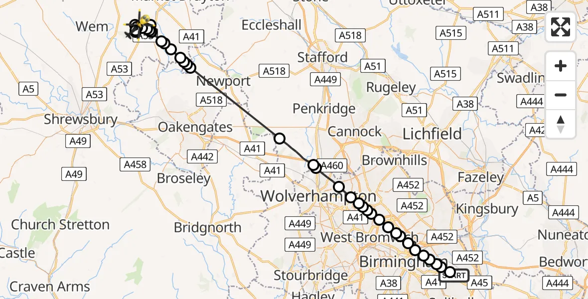 Flight route Police Helicopter Garretts Green - Hodnet, 18 July 2026, 19:12