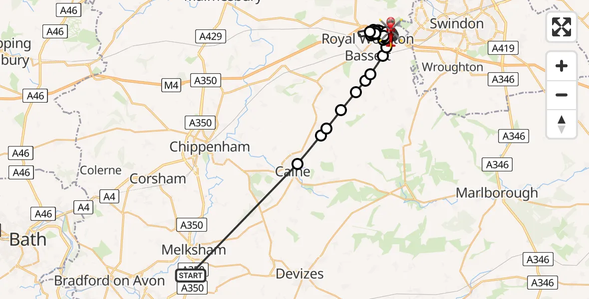 Flight route Air Ambulance Helicopter Wiltshire Air Ambulance - Hook, 18 July 2026, 19:20
