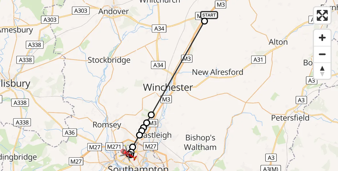 Flight route Air Ambulance Helicopter North Waltham - Hollybrook, 18 July 2026, 19:22
