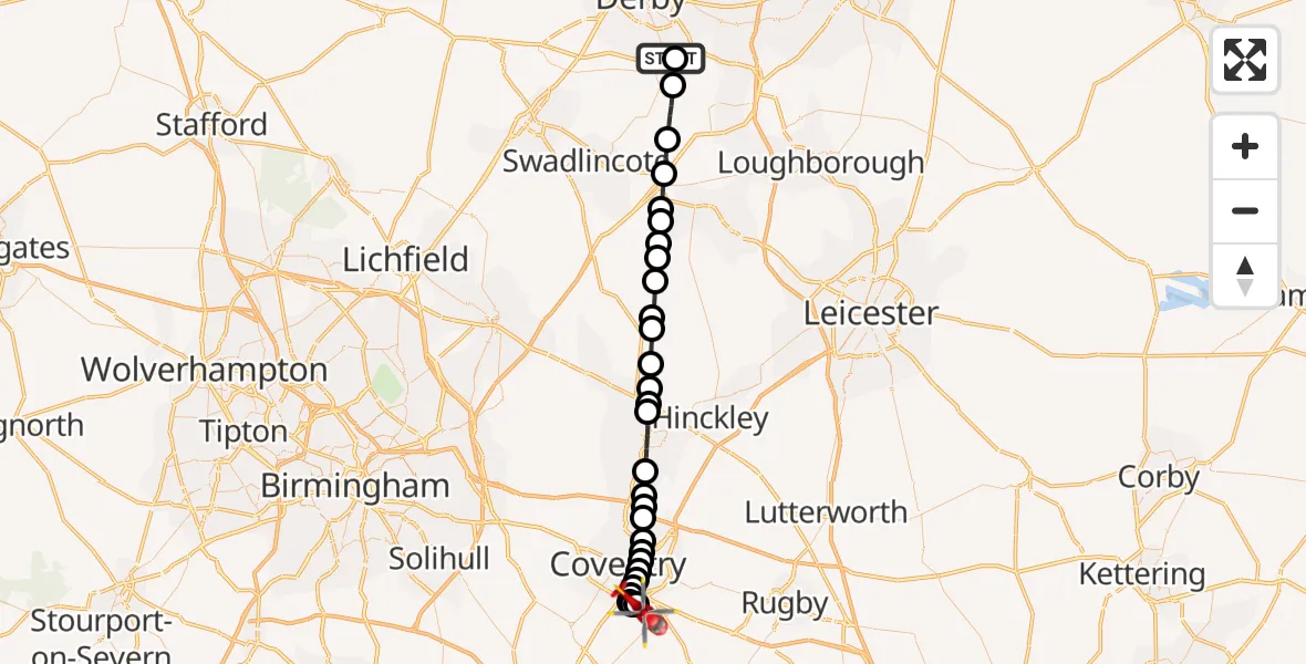 Flight route Air Ambulance Helicopter Chellaston - Warwick, 18 July 2026, 19:31
