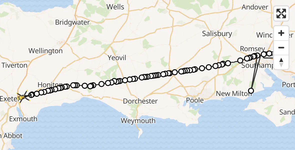 Flight route Police Helicopter Southampton Airport - Exeter International Airport, 18 July 2026, 19:34