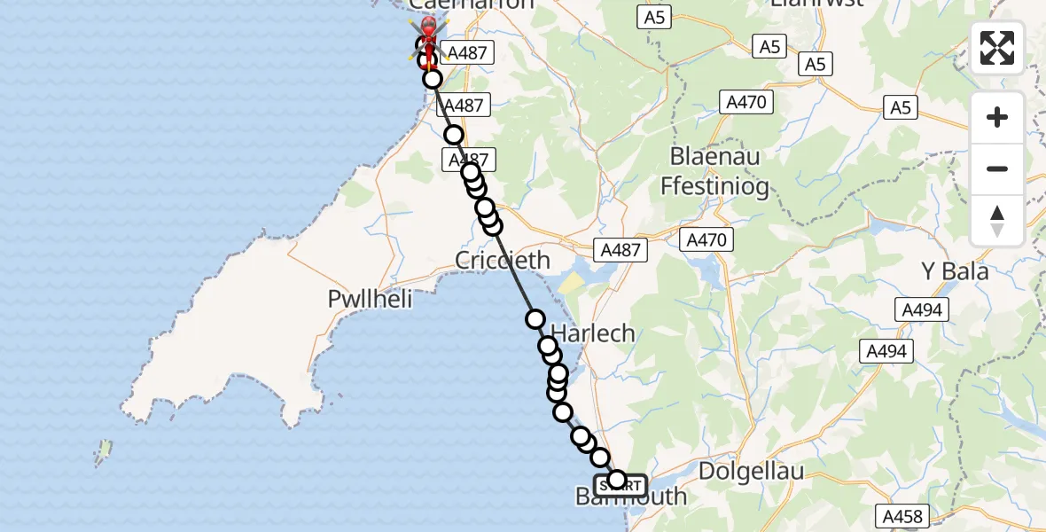 Flight route Air Ambulance Helicopter Barmouth - Caernarfon Airport, 18 July 2026, 19:35