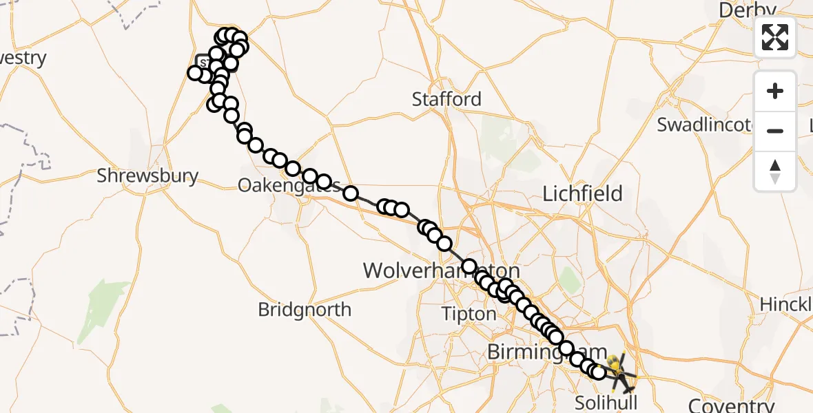 Flight route Police Helicopter Marchamley - Birmingham Airport, 18 July 2026, 19:44
