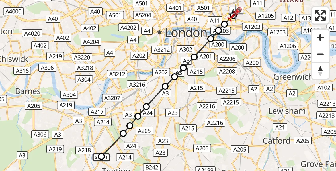 Flight route Air Ambulance Helicopter Summerstown - Royal London Hospital, 18 July 2026, 19:51