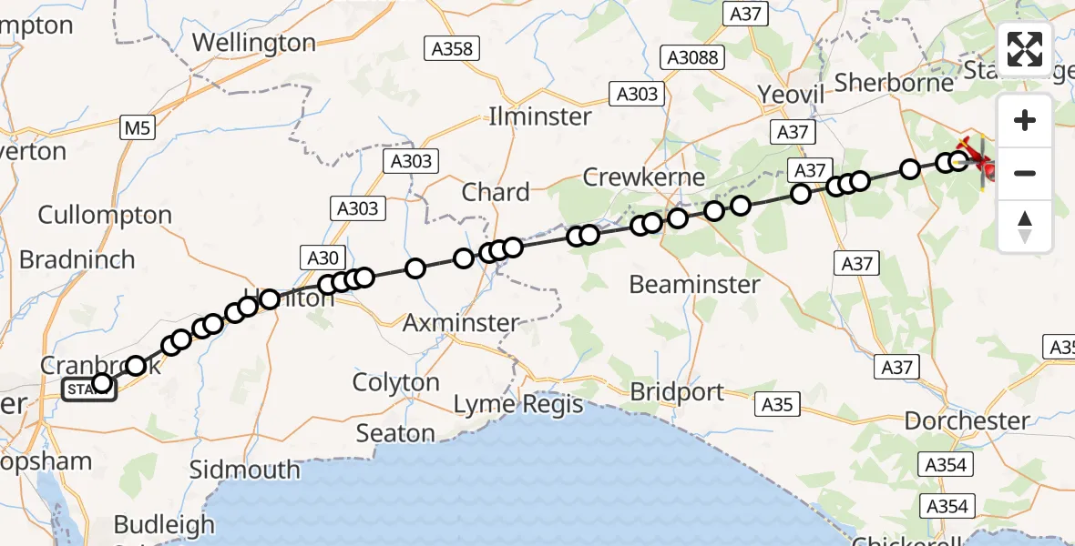 Flight route Air Ambulance Helicopter Exeter International Airport - Holwell, 18 July 2026, 19:52