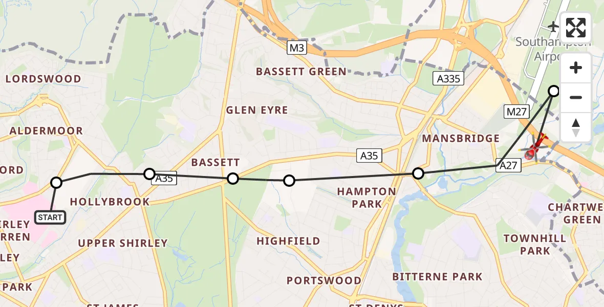 Flight route Air Ambulance Helicopter University Hospital Southampton - Mansbridge, 18 July 2026, 20:07