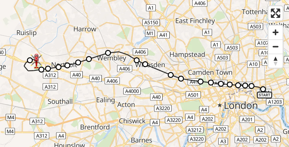 Flight route Air Ambulance Helicopter Royal London Hospital - RAF Northolt, 18 July 2026, 20:17