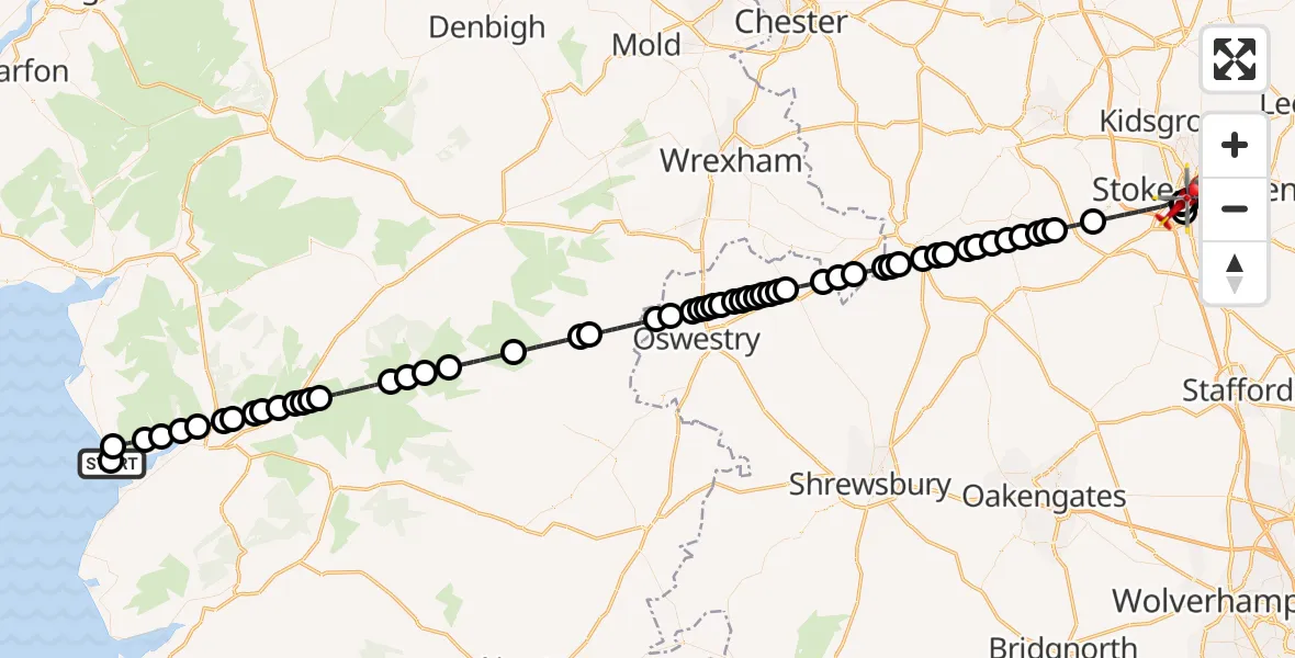 Flight route Air Ambulance Helicopter Barmouth - University Hospital North Staffs, 18 July 2026, 20:19