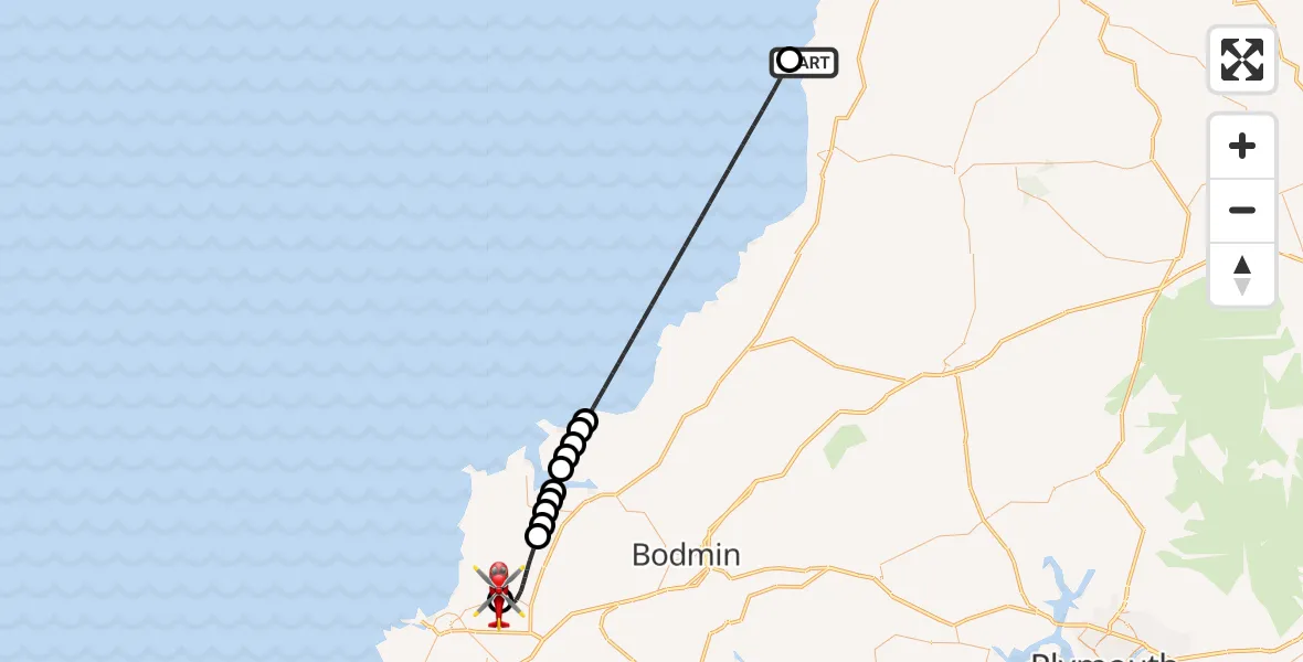 Flight route Air Ambulance Helicopter Morwenstow - Cornwall Airport Newquay, 18 July 2026, 20:33