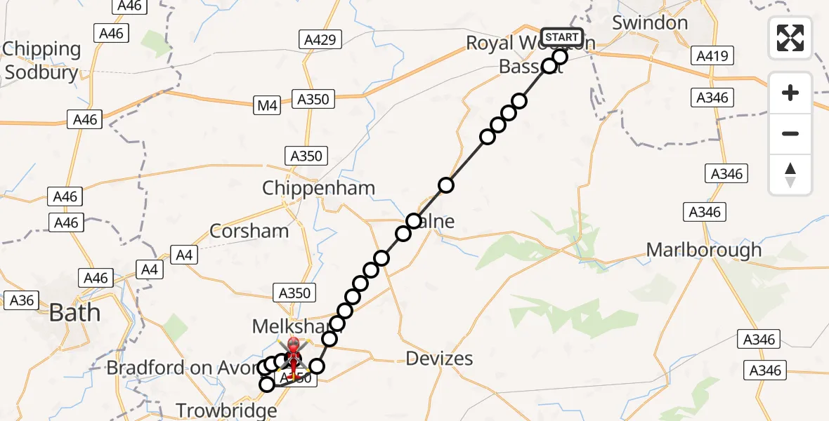 Flight route Air Ambulance Helicopter Hook - Wiltshire Air Ambulance, 18 July 2026, 20:55